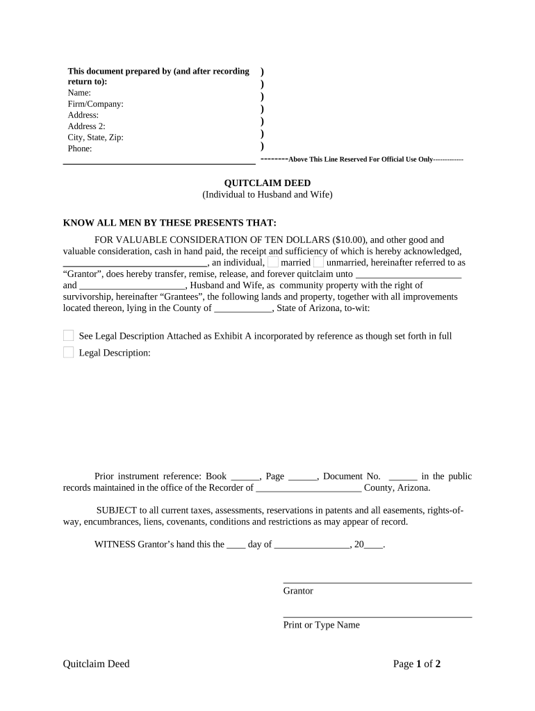 Quitclaim Deed from Individual to Husband and Wife Arizona  Form