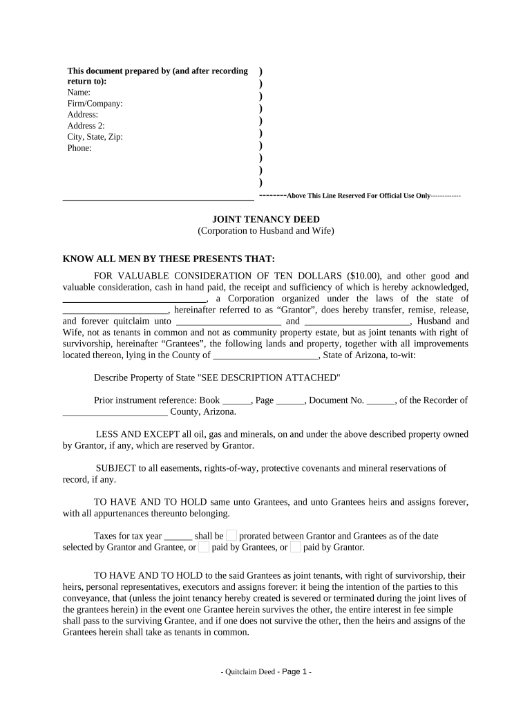 Joint Tenancy Deed from Corporation to Husband and Wife Arizona  Form