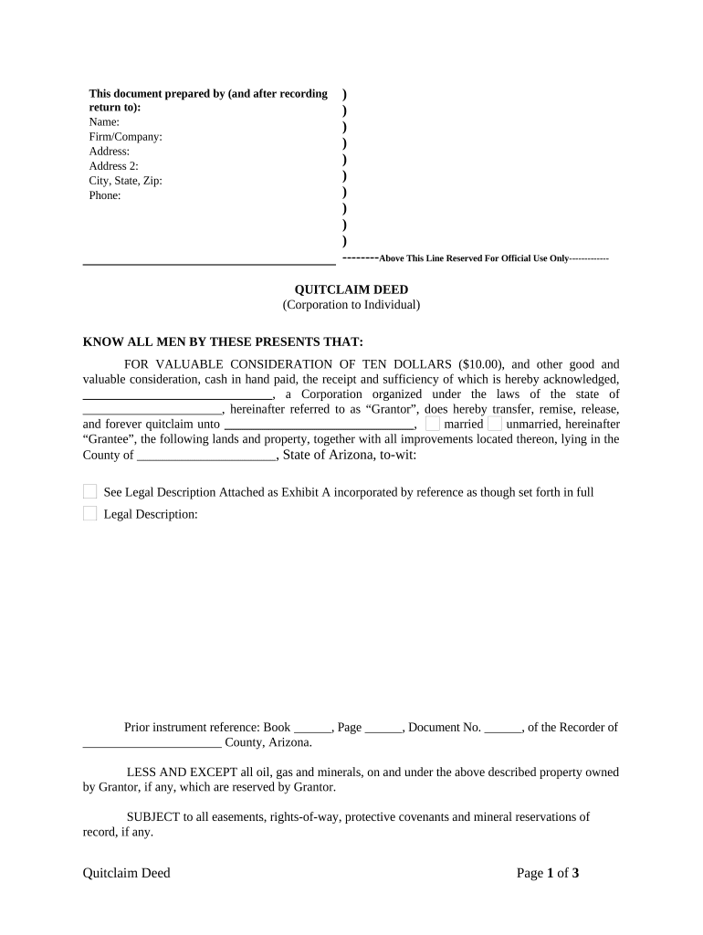 Quitclaim Deed from Corporation to Individual Arizona  Form