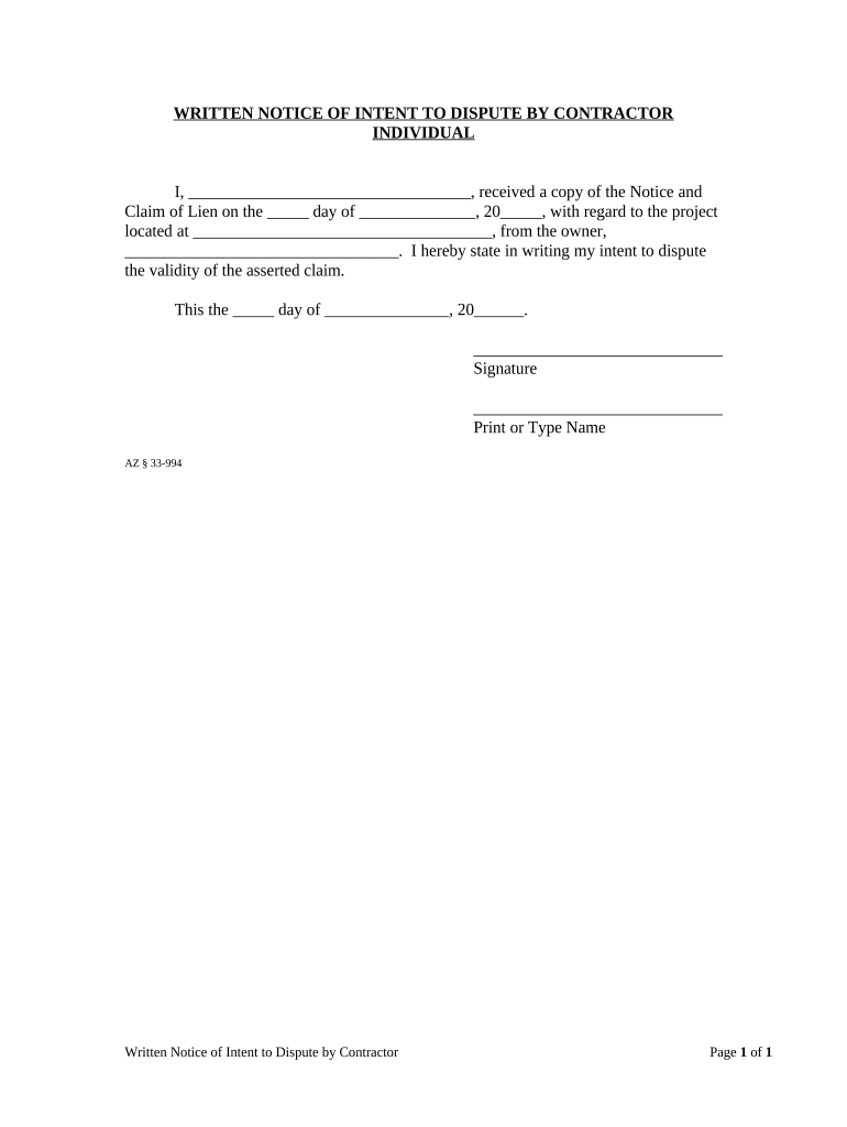 Arizona Notice Intent  Form