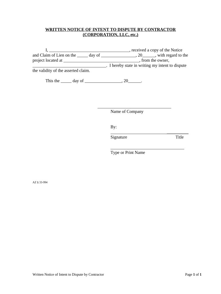 Written Notice of Intent to Dispute Mechanic Liens Corporation or LLC Arizona  Form