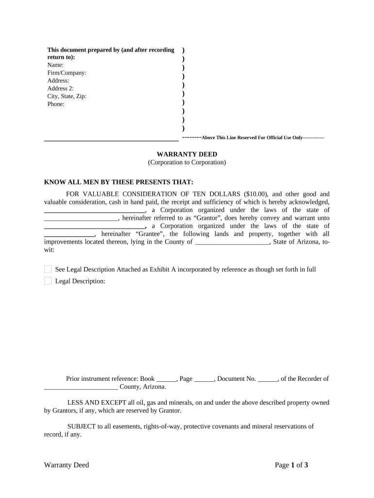 Warranty Deed from Corporation to Corporation Arizona  Form
