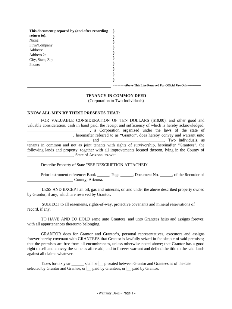 Tenancy in Common Deed from Corporation to Two Individuals Arizona  Form