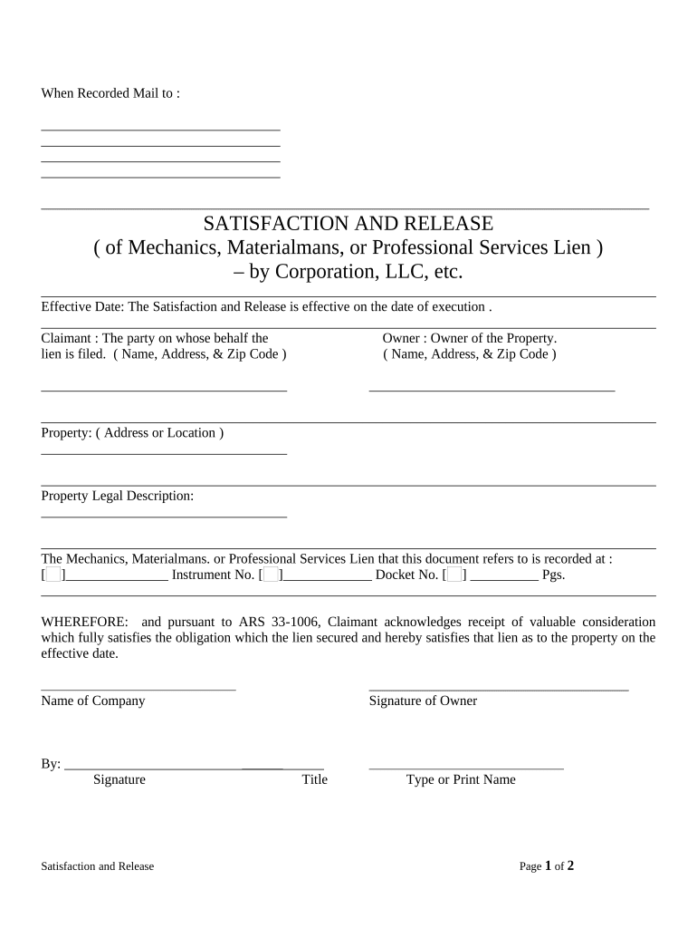 Arizona Mechanic Lien  Form