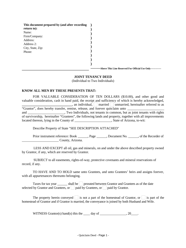 Joint Tenancy Deed from Individual to Two Individuals Arizona  Form