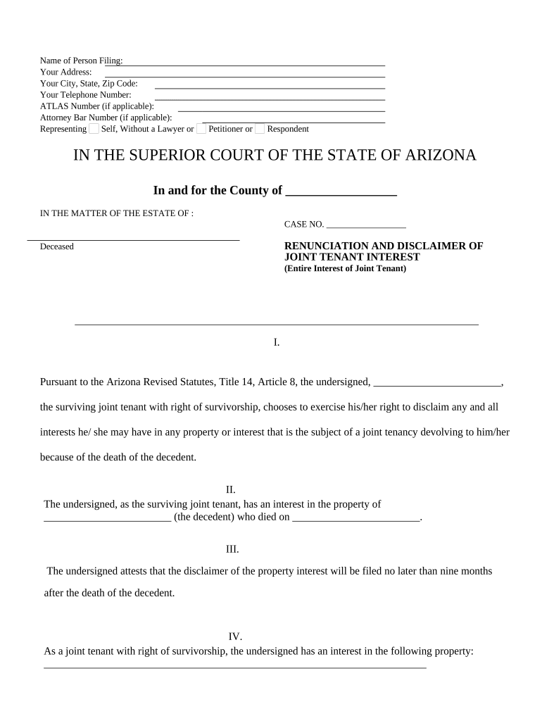 Arizona Renunciation and Disclaimer of Joint Tenant or Tenancy Interest Arizona  Form