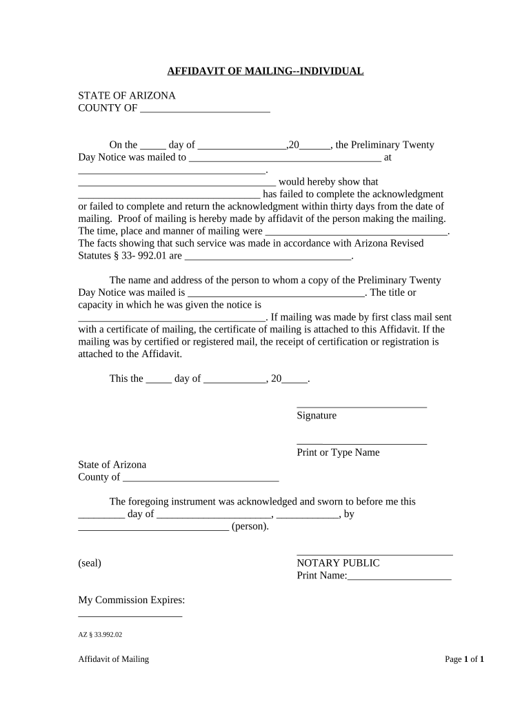 Affidavit of Mailing Mechanic Liens Individual Arizona  Form