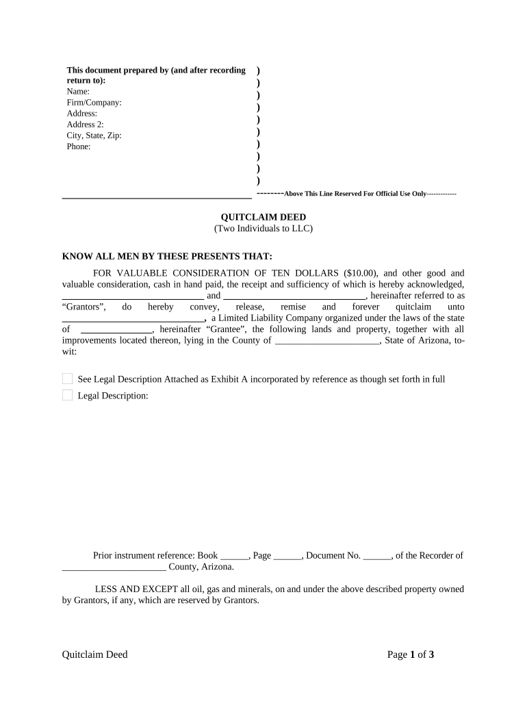 Quitclaim Deed by Two Individuals to LLC Arizona  Form