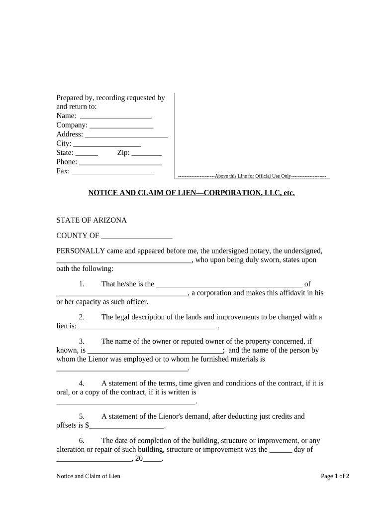 Arizona Notice Lien  Form