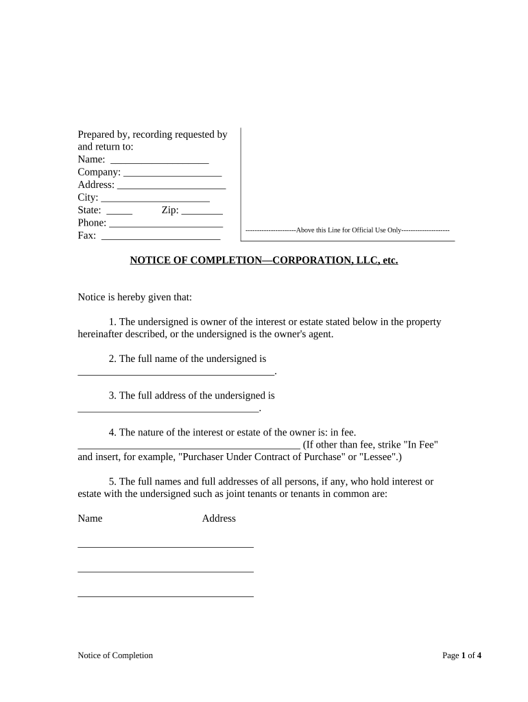 Arizona Notice Completion Form