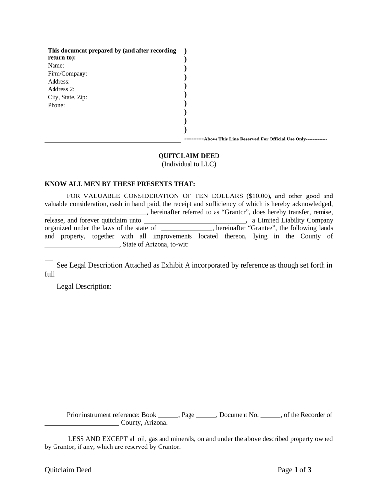 Quitclaim Deed from Individual to LLC Arizona  Form