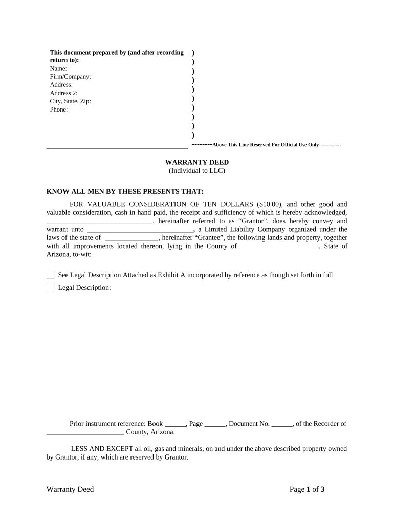 Warranty Deed from Individual to LLC Arizona  Form