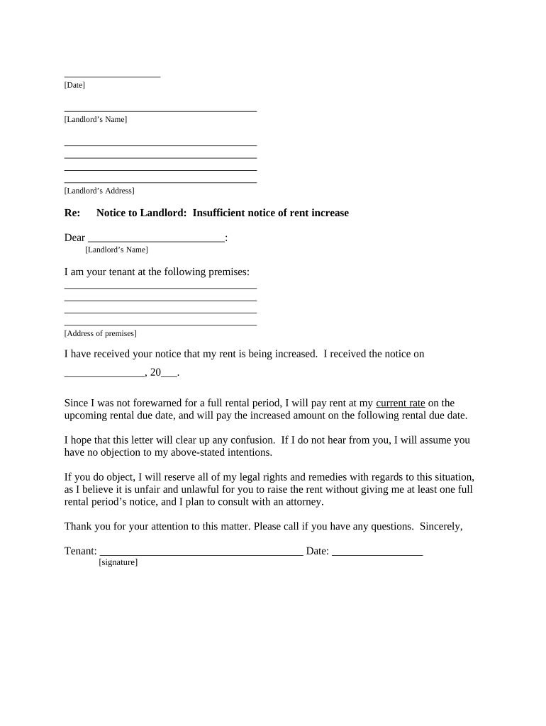 Letter from Tenant to Landlord About Insufficient Notice of Rent Increase Arizona  Form