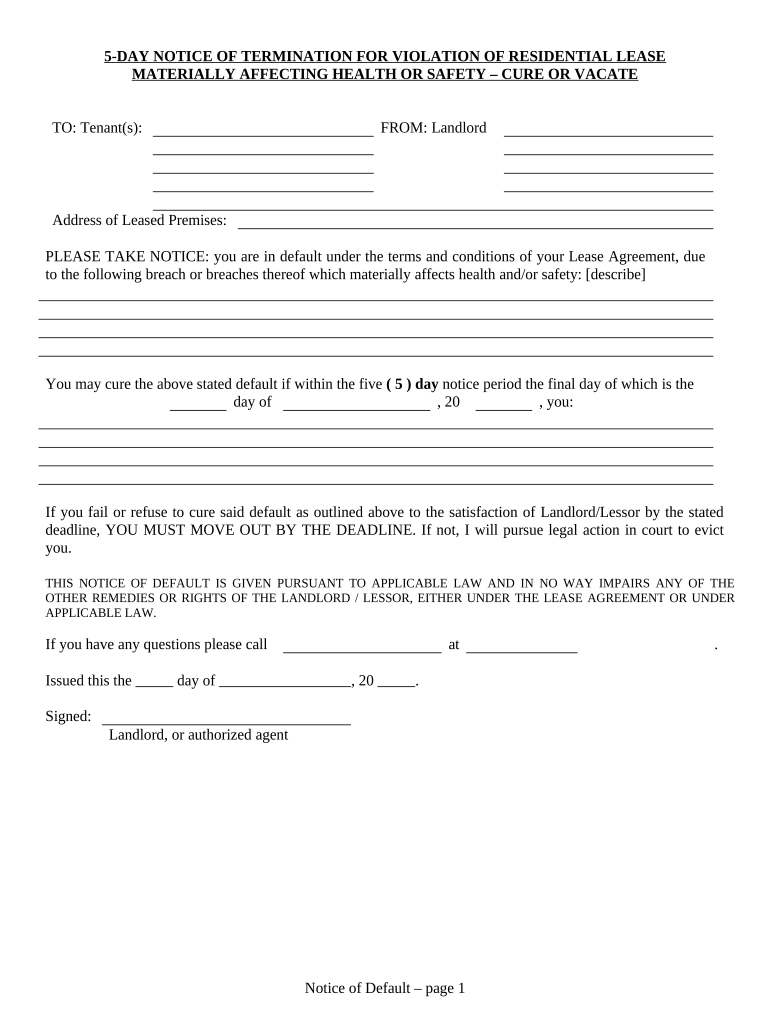 Arizona 5 Day Notice  Form