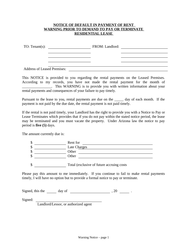 Notice of Default in Payment of Rent as Warning Prior to Demand to Pay or Terminate for Residential Property Arizona  Form