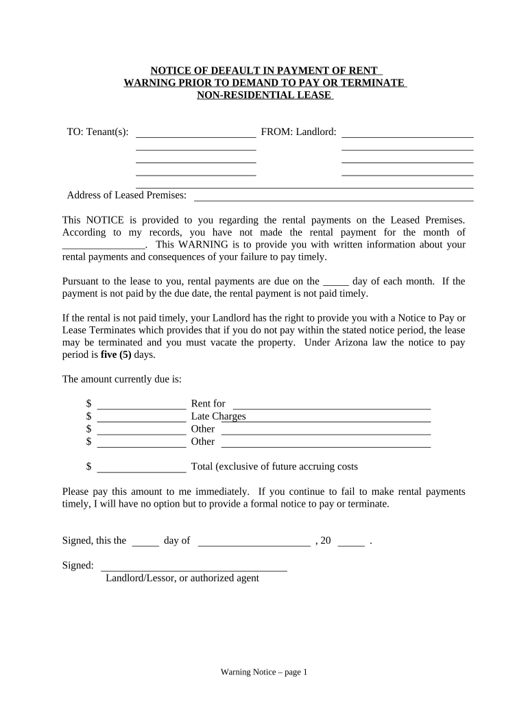 Notice of Default in Payment of Rent as Warning Prior to Demand to Pay or Terminate for Nonresidential or Commercial Property Ar  Form