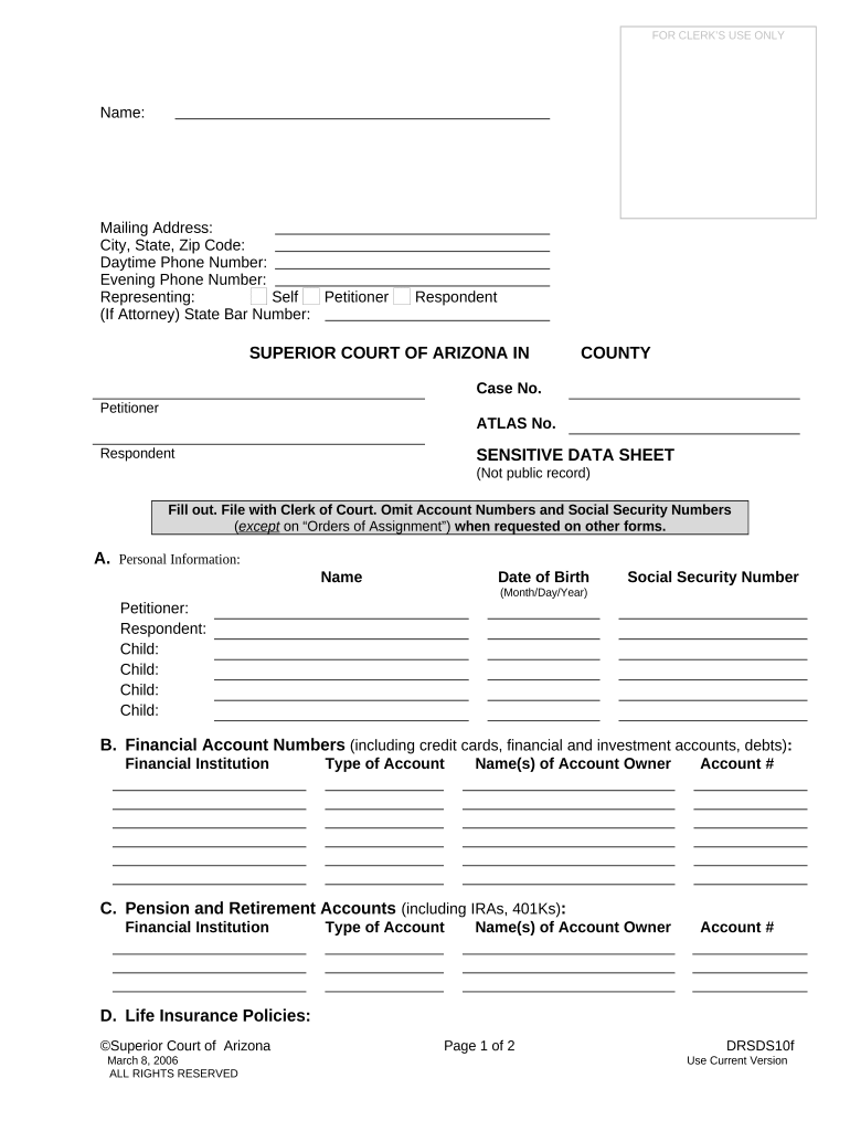 Arizona Sensitive Data  Form