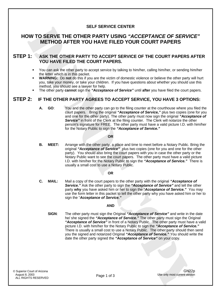 Instructions Acceptance of Court Papers for Dissolution of Marriage Arizona  Form