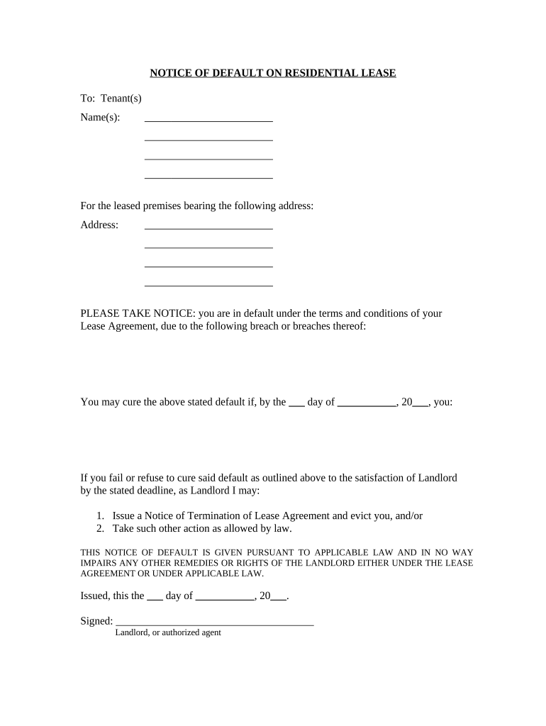 Notice of Default on Residential Lease Arizona  Form