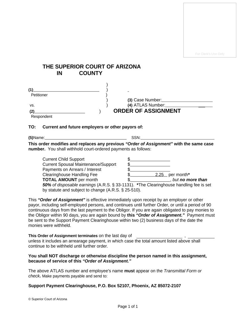 Order of Assignment Arizona  Form