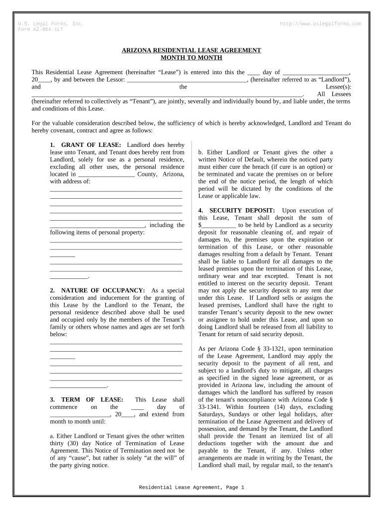 Residential Lease or Rental Agreement for Month to Month Arizona  Form