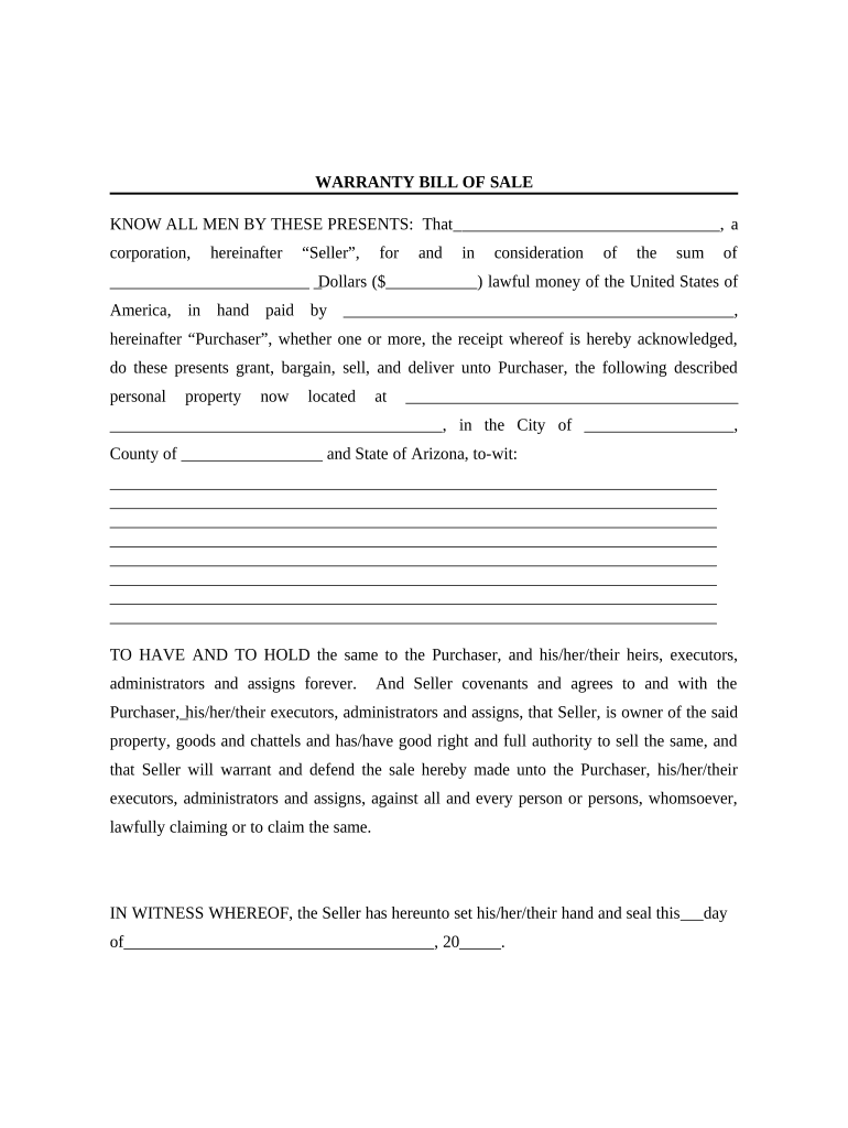 Bill of Sale with Warranty for Corporate Seller Arizona  Form