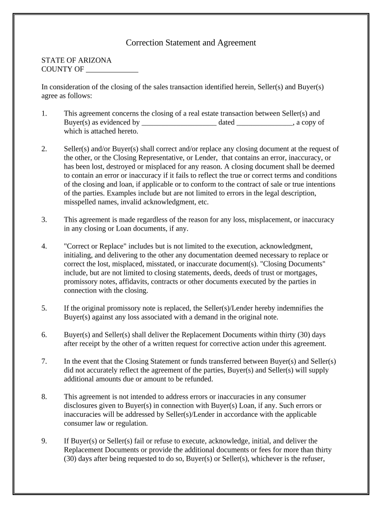Correction Statement and Agreement Arizona  Form