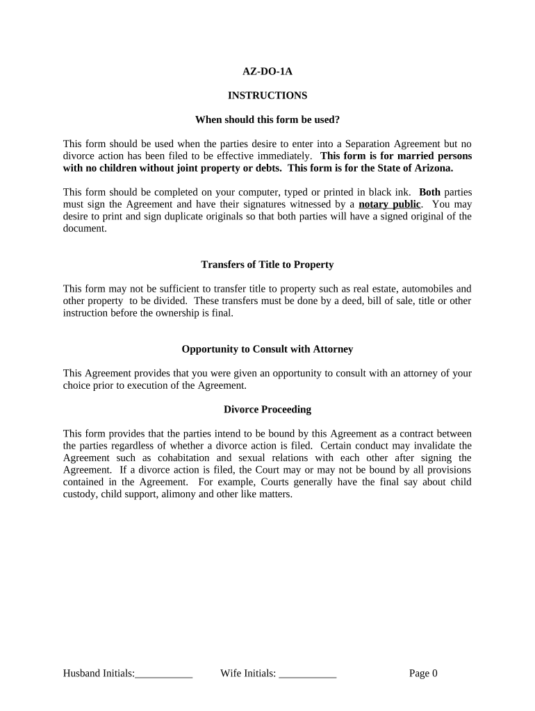 Marital Legal Separation and Property Settlement Agreement for Persons with No Children, No Joint Property or Debts Effective Im  Form