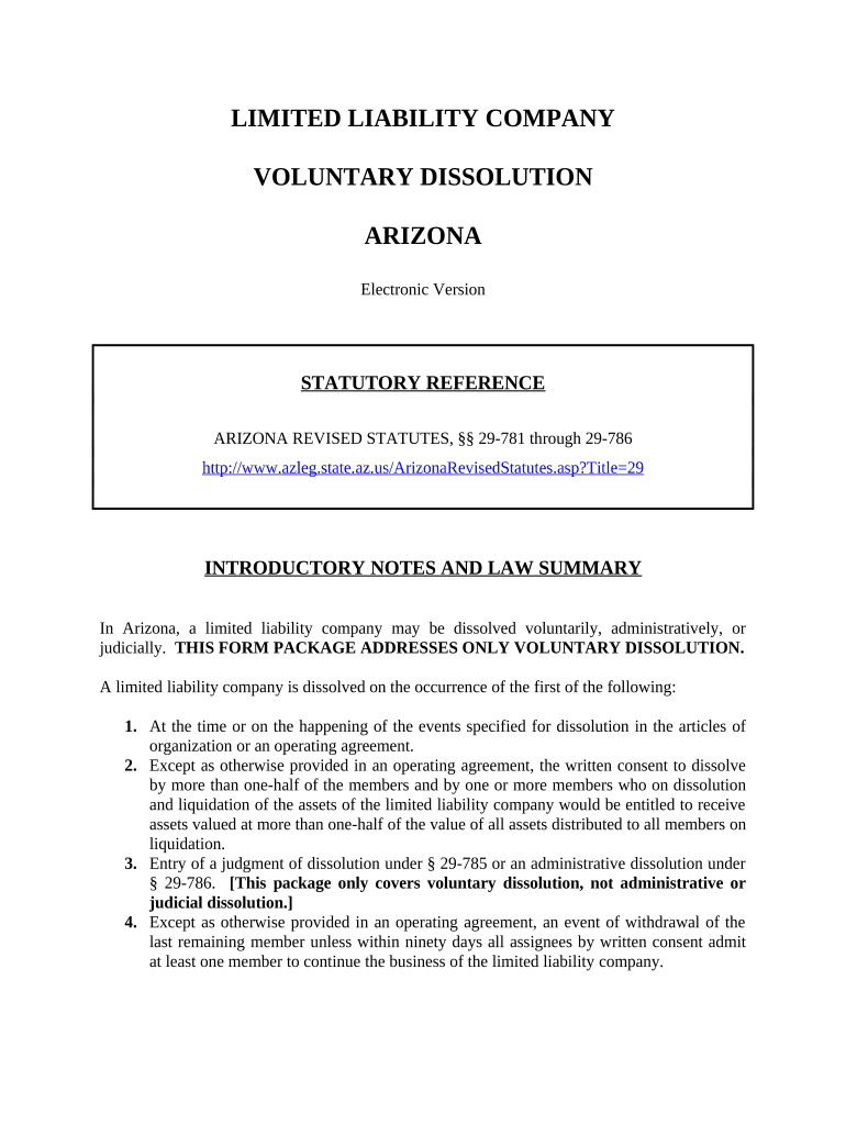 Arizona Dissolution Package to Dissolve Limited Liability Company LLC Arizona  Form