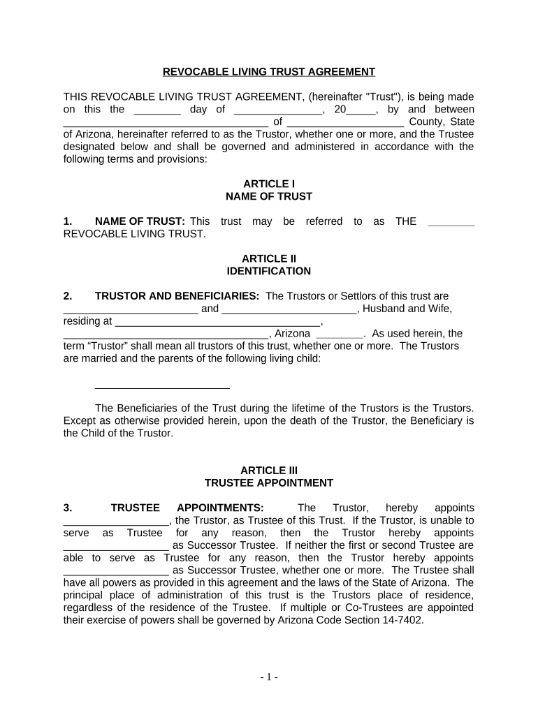 Living Trust for Husband and Wife with One Child Arizona  Form