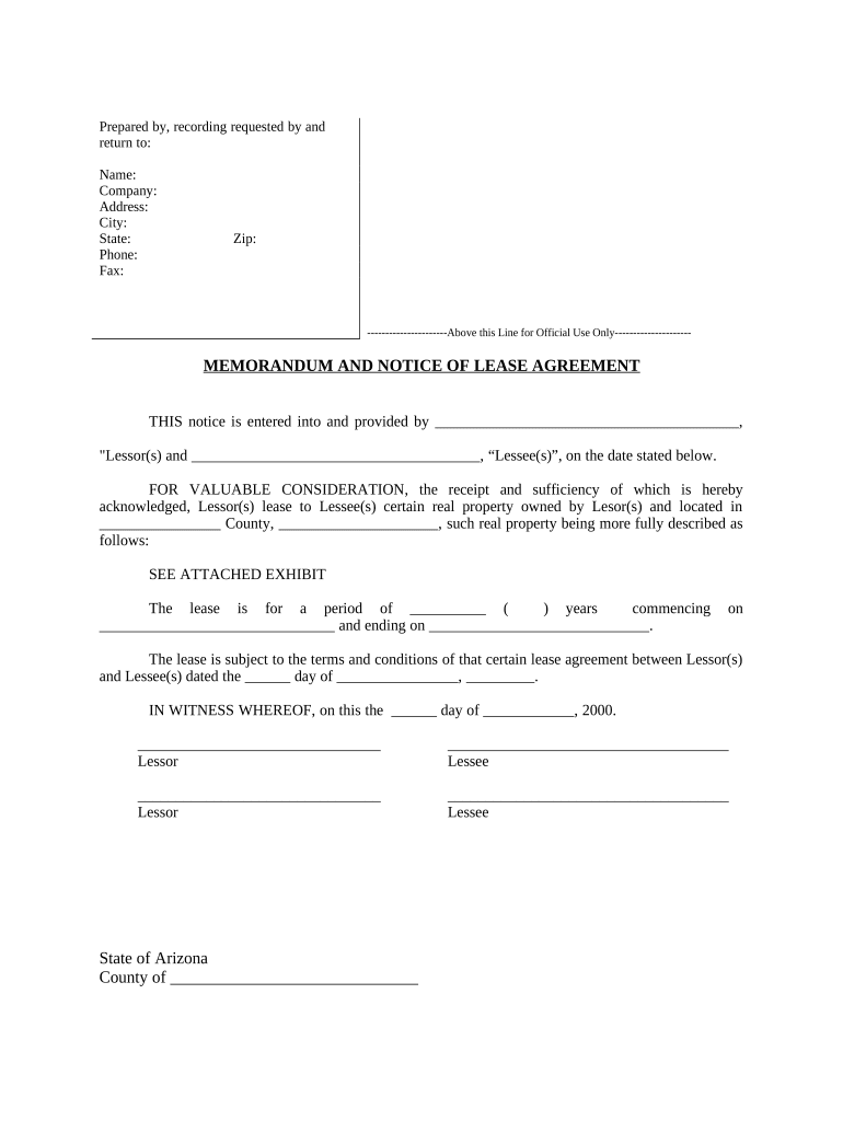 Notice of Lease for Recording Arizona  Form