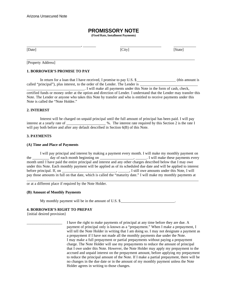 Arizona Promissory Note Template