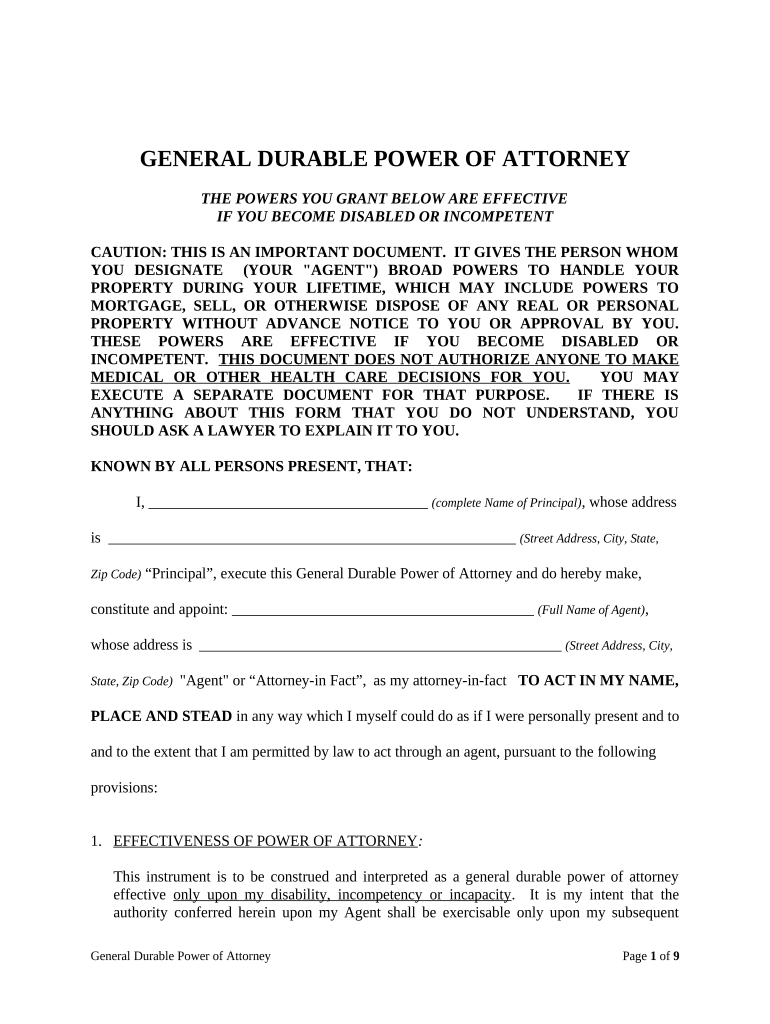 General Durable Power of Attorney for Property and Finances or Financial Effective Upon Disability Arizona  Form