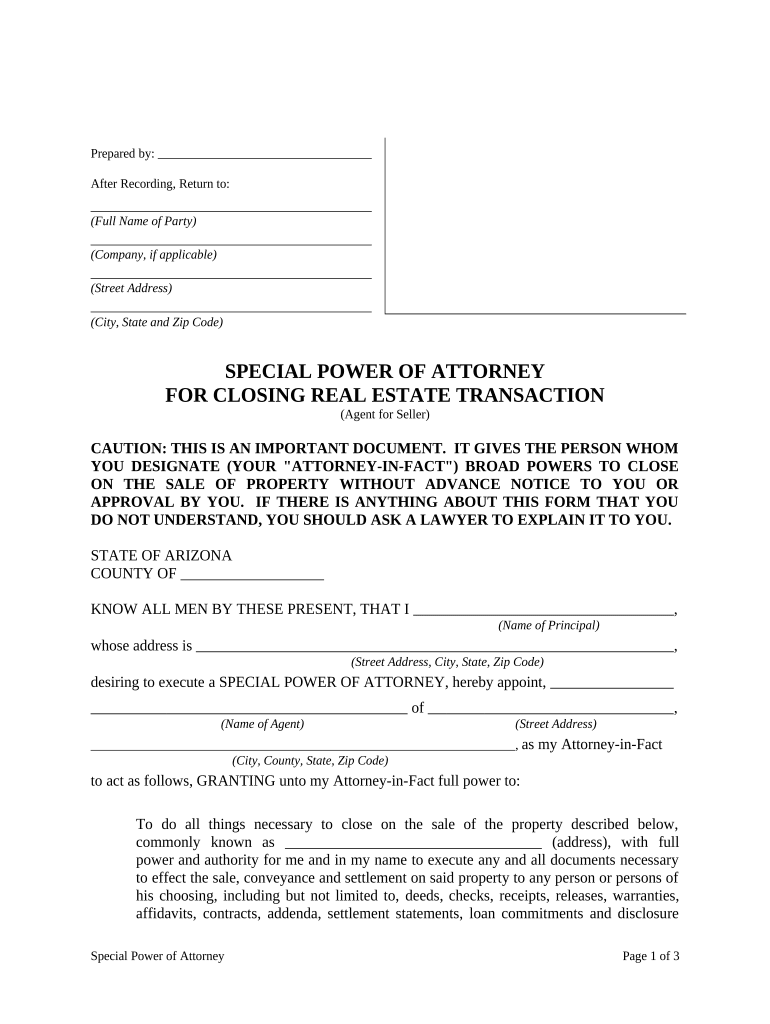 Special or Limited Power of Attorney for Real Estate Sales Transaction by Seller Arizona  Form