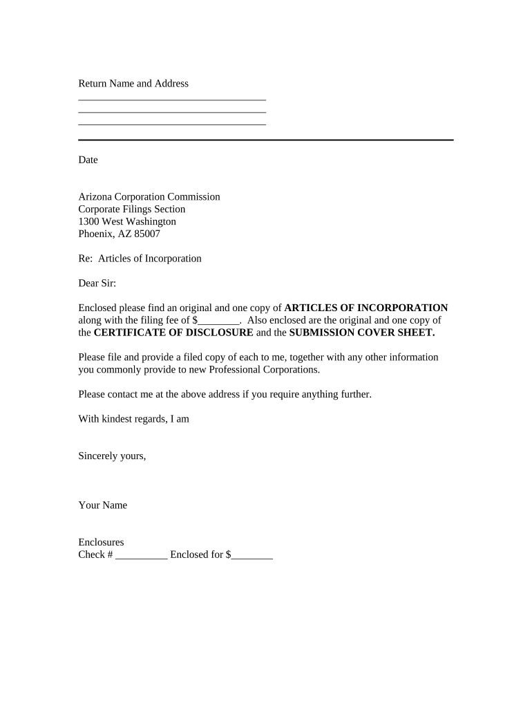 Sample Transmittal Letter for Articles of Incorporation Arizona  Form