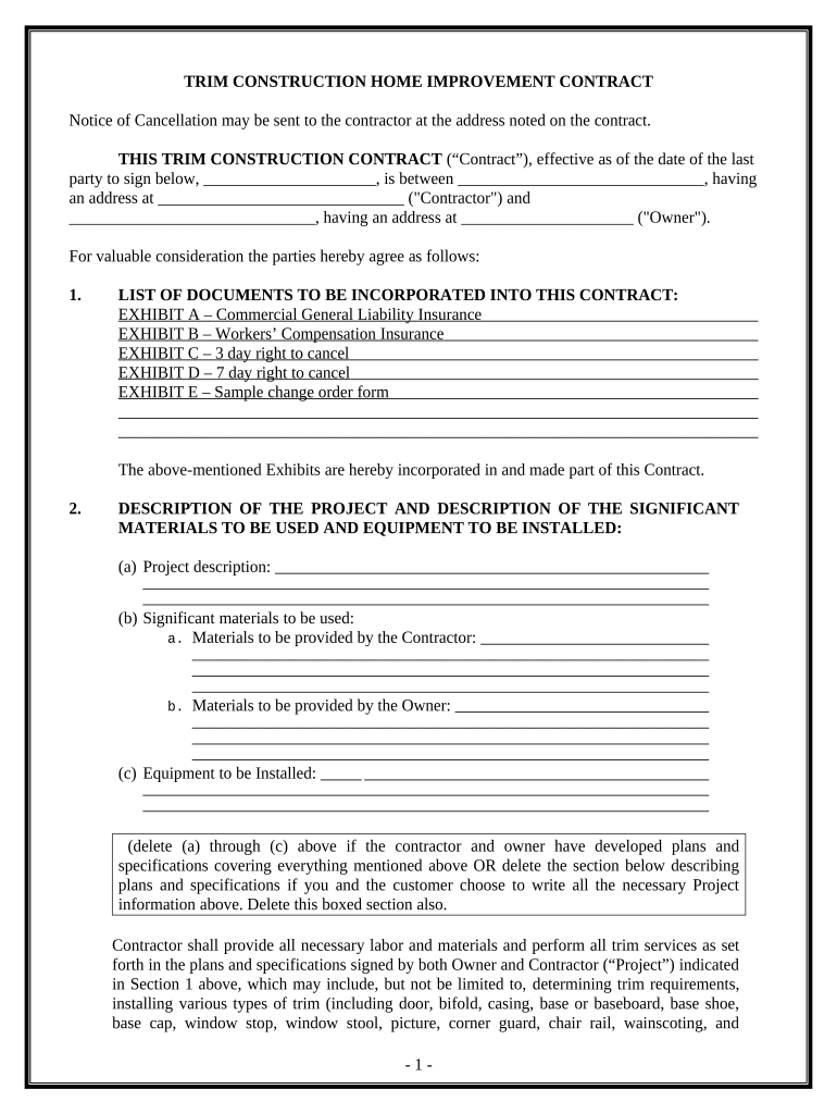 Trim Carpenter Contract for Contractor California  Form