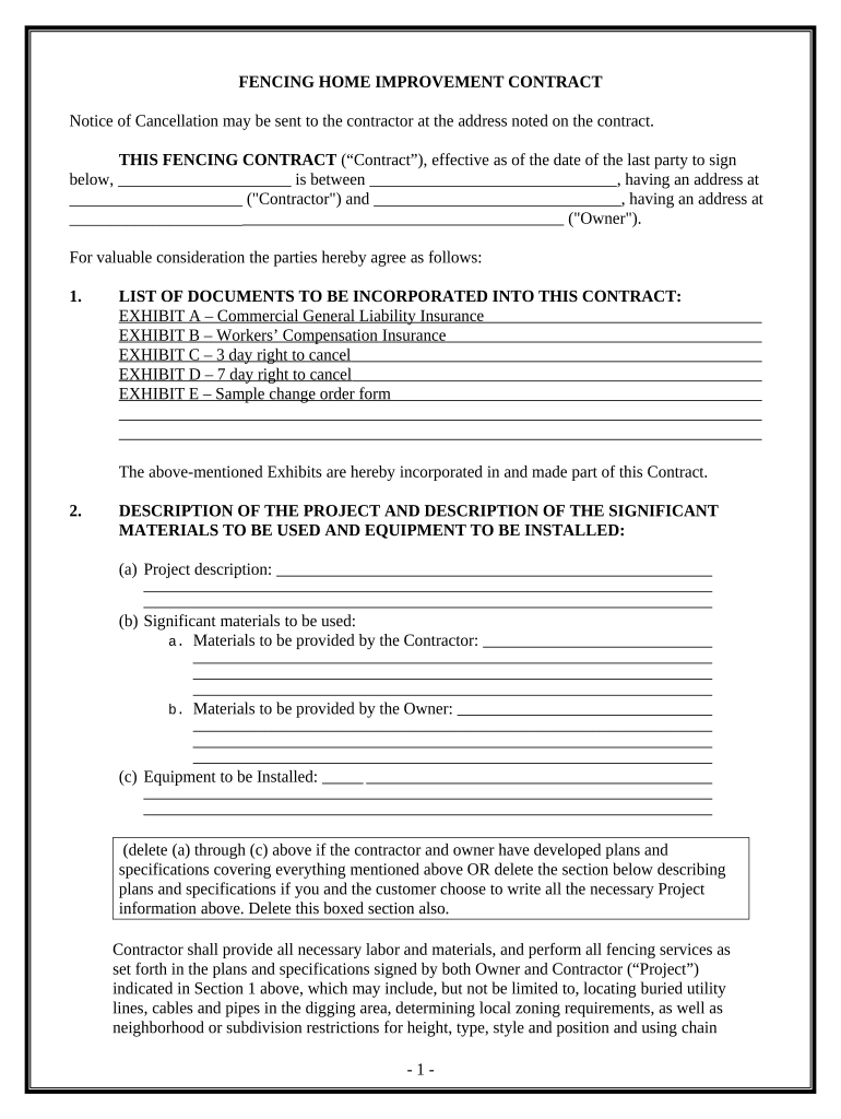 Fencing Contract for Contractor California Form Fill Out and Sign
