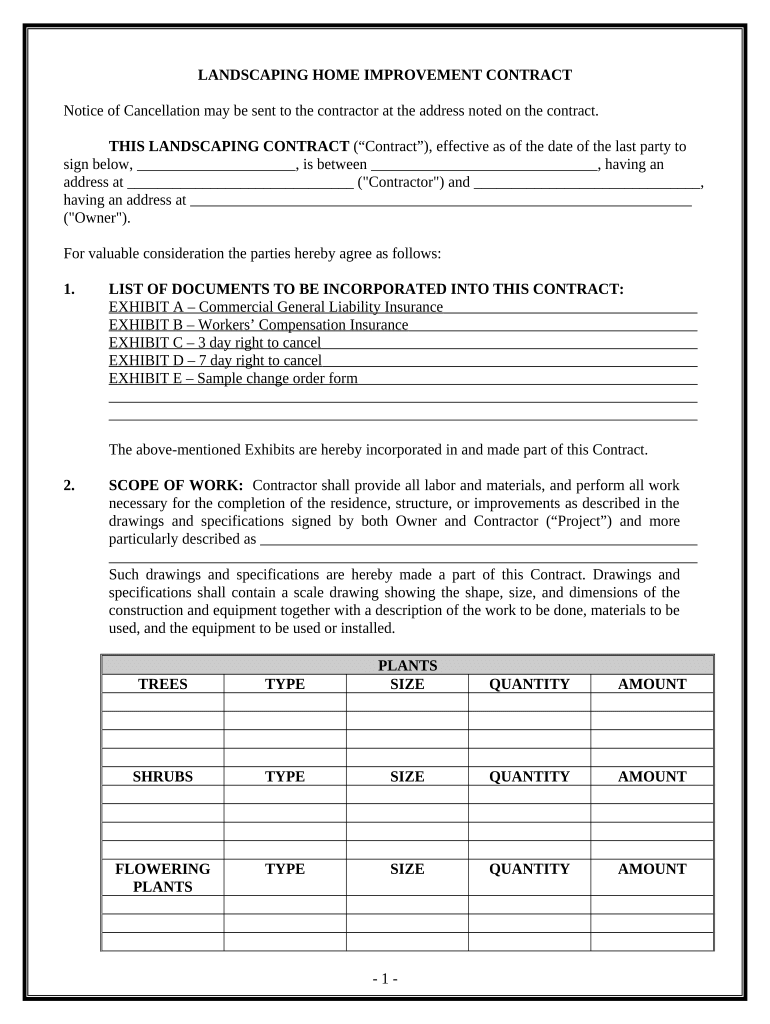 Landscape Contract for Contractor California  Form