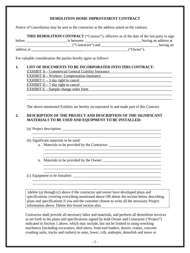 Demolition Contract for Contractor California Form Fill Out and Sign