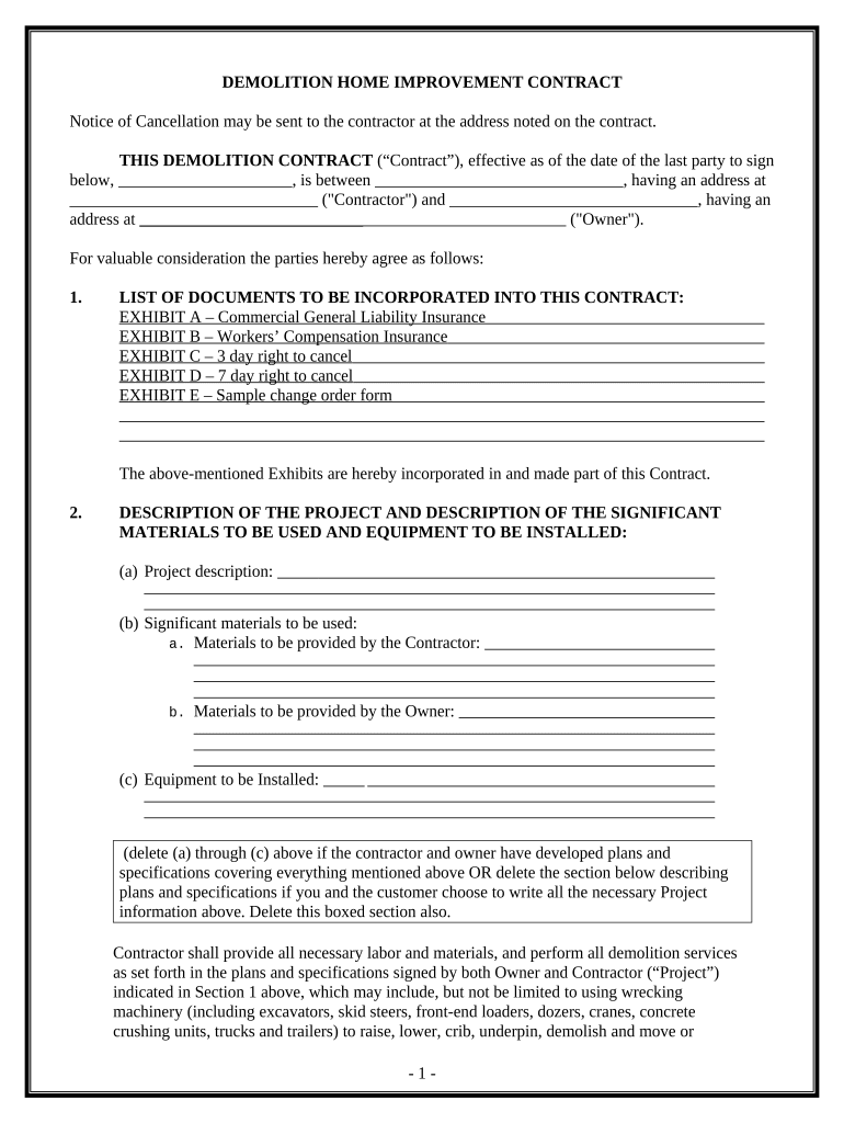 Demolition Contract for Contractor California  Form