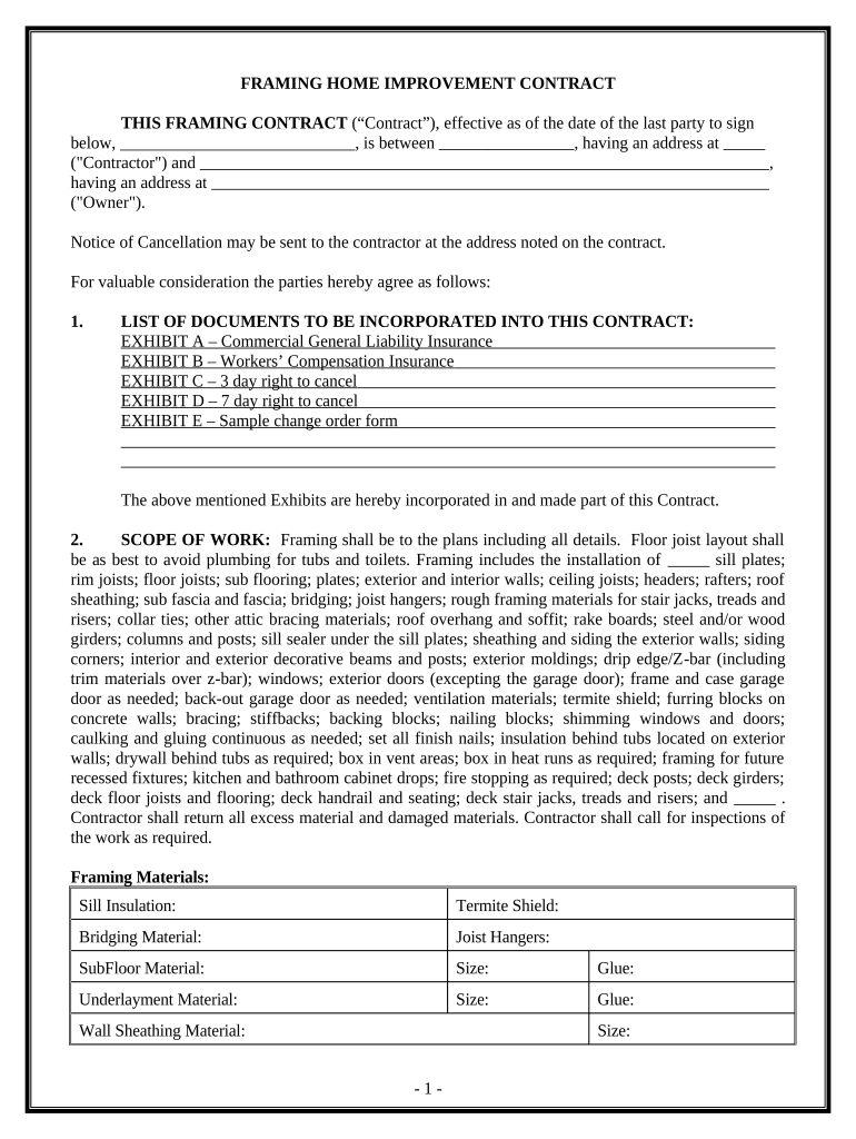 Framing Contract for Contractor California  Form