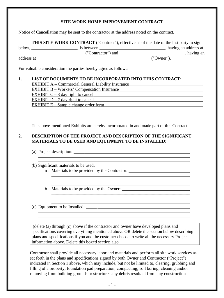 Site Work Contract for Contractor California  Form