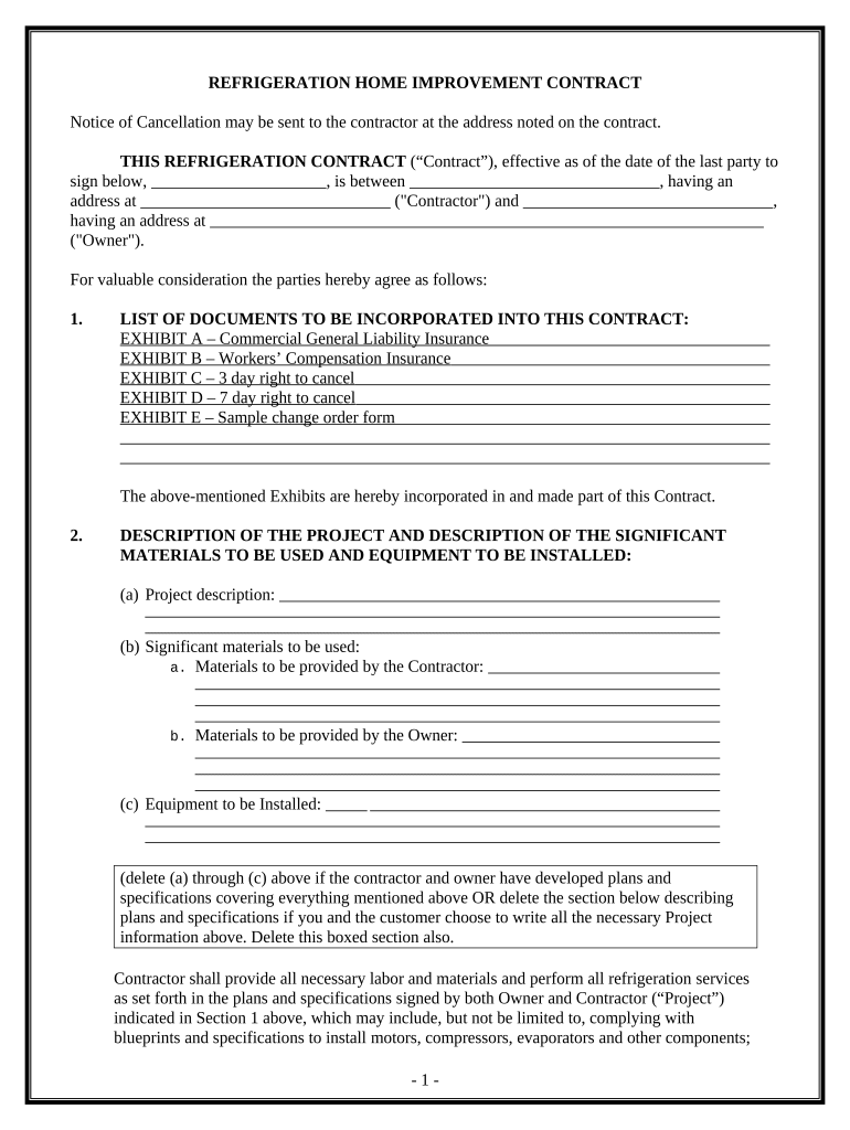 Refrigeration Contract for Contractor California  Form