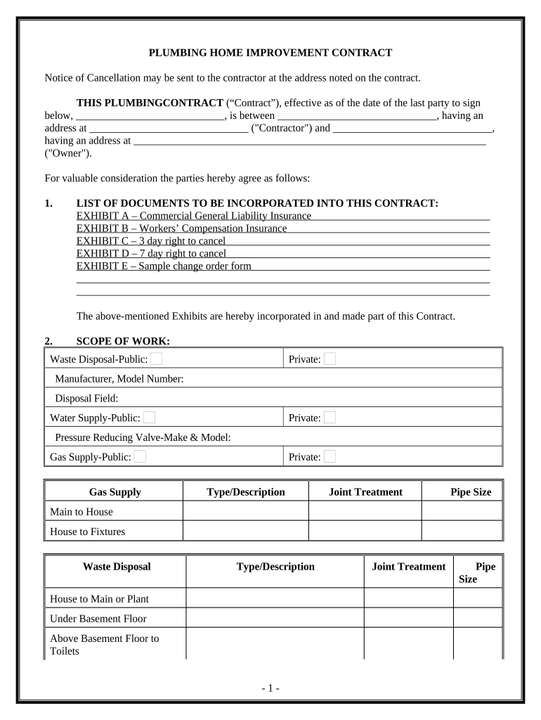 Plumbing Contract for Contractor California  Form