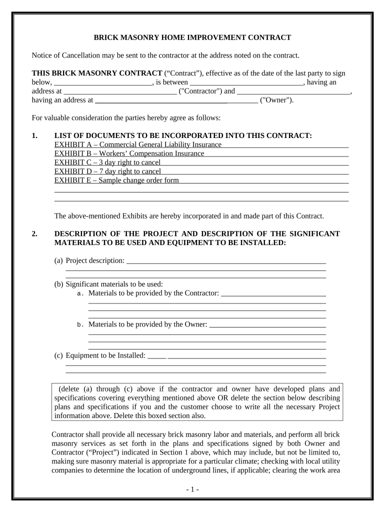 Brick Mason Contract for Contractor California  Form