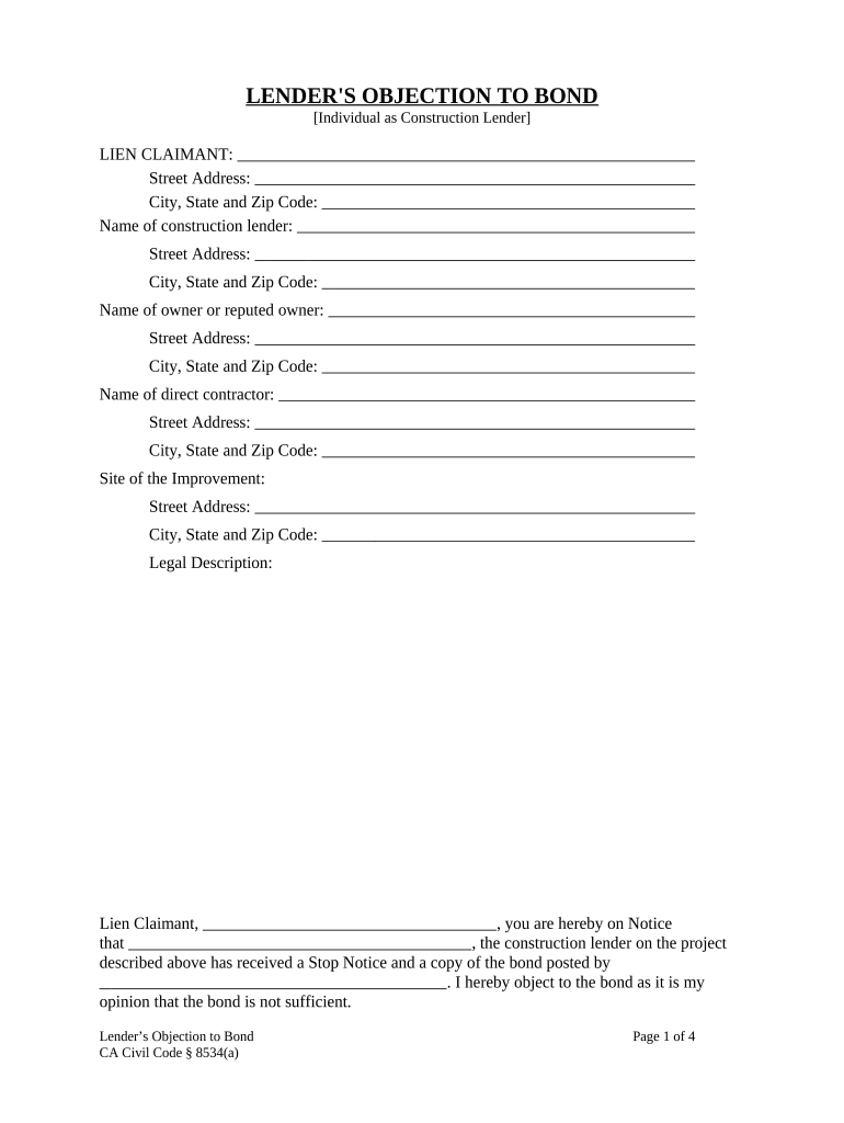 Lender's Objection to Bond Construction Liens Individuals California  Form