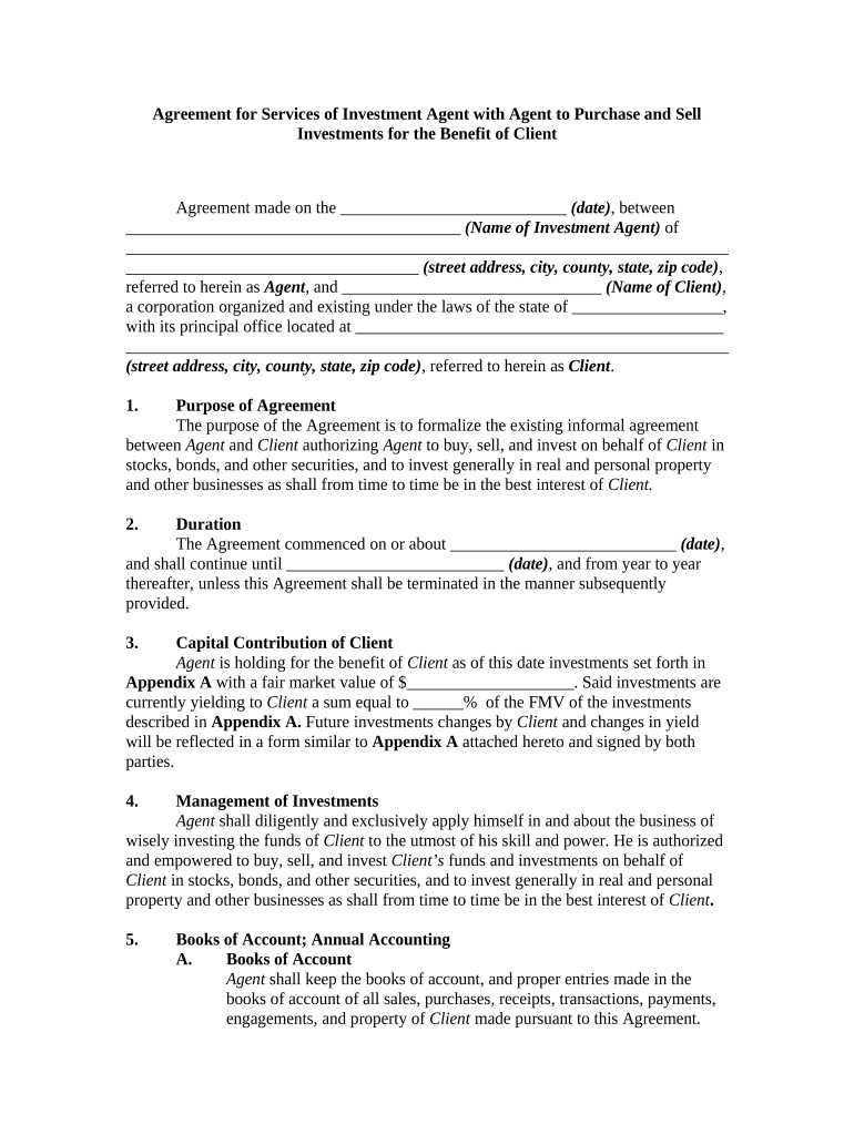 Agreement for Services of Investment Agent with Agent to Purchase and Sell Investments for the Benefit of Client California  Form