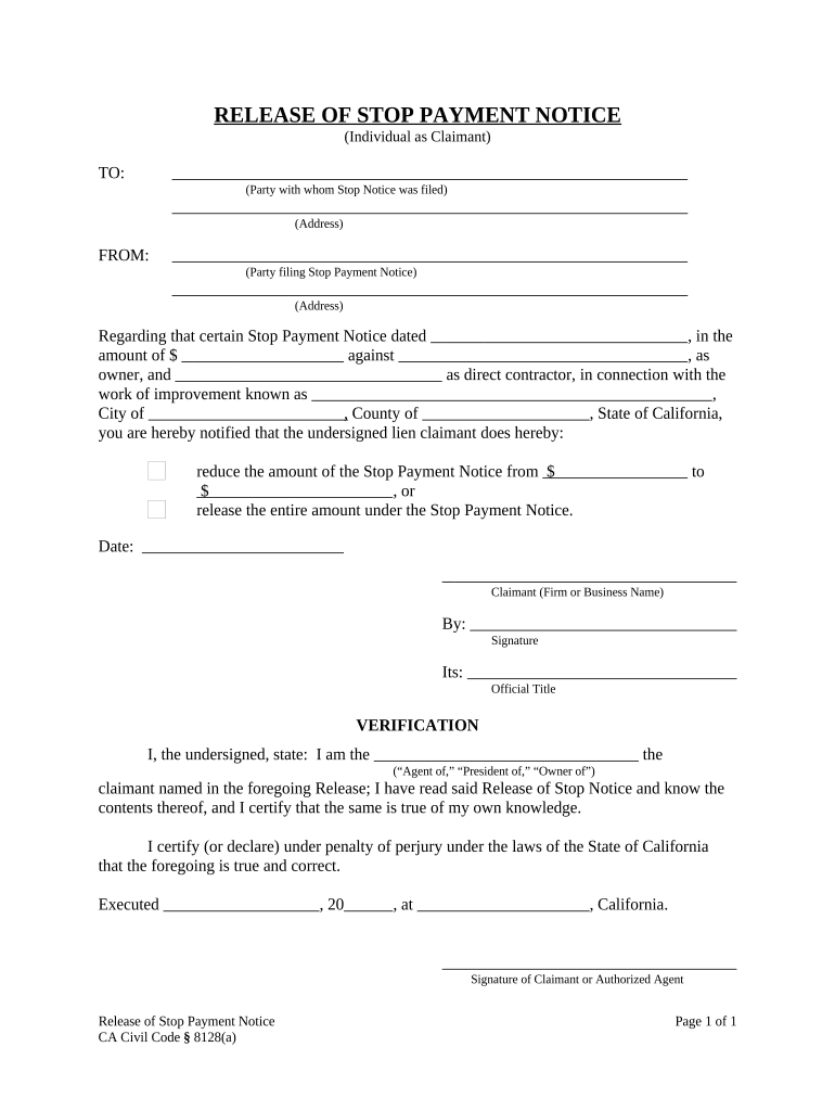 California Release Stop Notice  Form