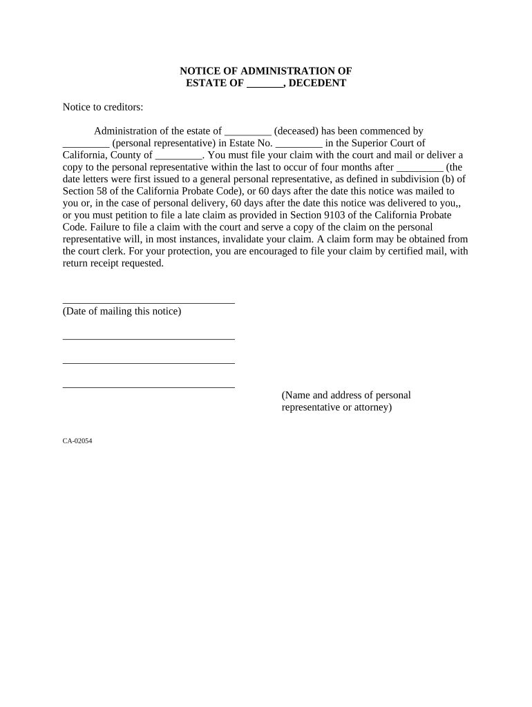 Notice Administration California  Form