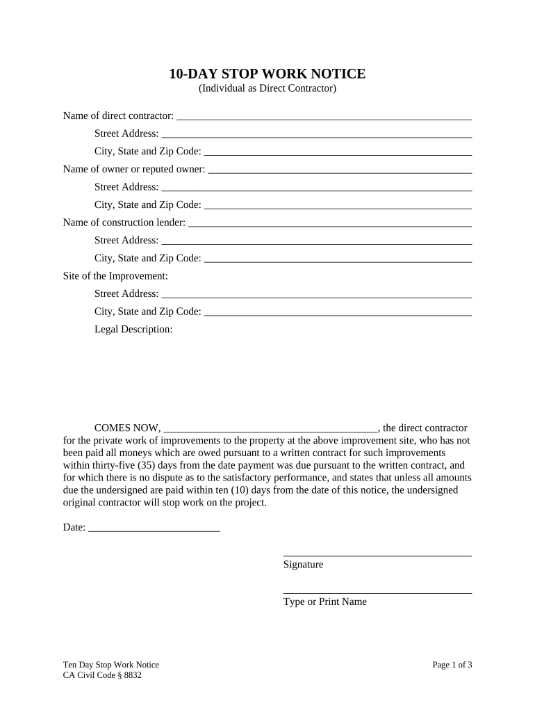 10 Day Work California  Form